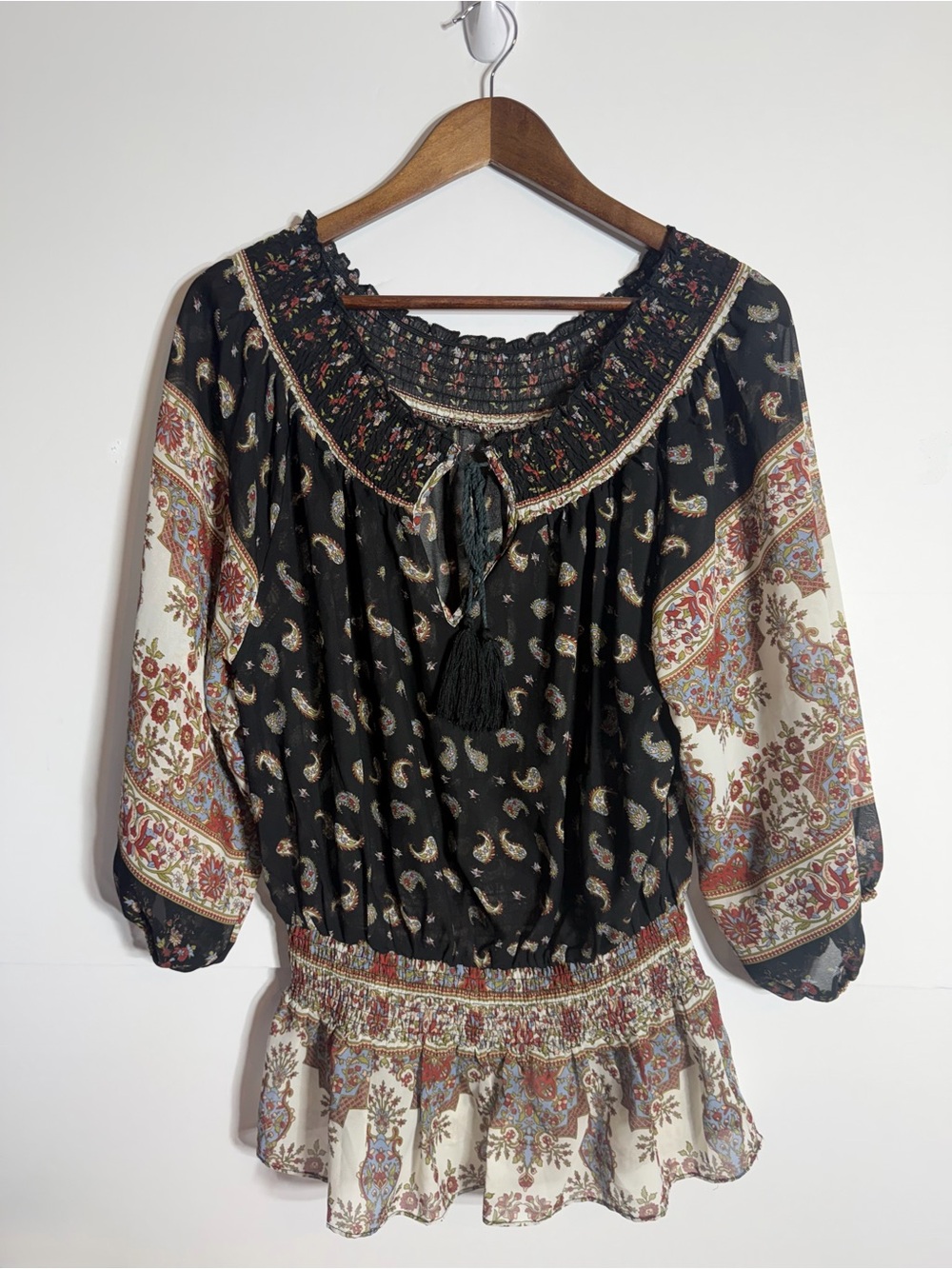 Ellison Boho Paisley Smocked Waist Peasant Top - Black & Cream